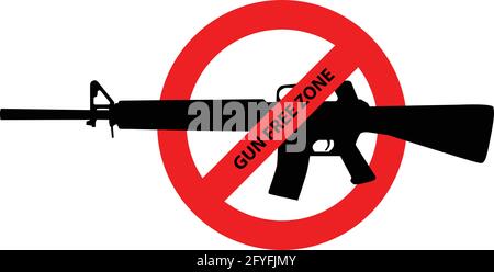 Caution sign about gun control. Restricted area, guns banned. Vector image silhouette, illustration isolated on white background. Stock Vector