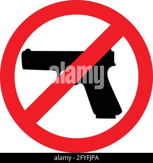 No gun sign, prohibition warning sign, ban. Restricted area, pistol not allowed. Vector image silhouette, illustration isolated on white background. Stock Vector