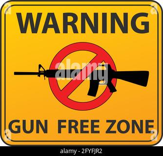 Gun free zone, prohibition warning sign. Restricted area, guns banned and not allowed. Vector image silhouette, illustration isolated on white background. Stock Vector