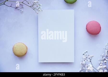 Mock up of stationery card on purple vintage surface with bright colorful macaroons, gypsophila. Happy holidays or present card concept. Top view. Feminine concept Stock Photo