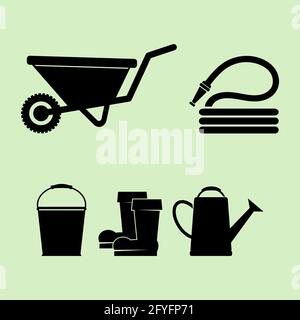 Set of vector illustrations of silhouettes of garden wheelbarrow, hose, rubber boots, bucket and watering can. Set of variety objects of gardening too Stock Vector