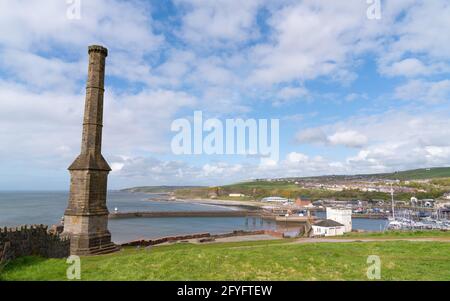 Whitehaven Cumbria UK coast near the Lake District with Candlestick Chimney tower landmark and marina harbour Stock Photo