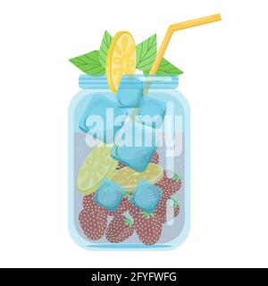 Soft drinks, fruit cocktails strawberries with orange, carbonated soft drink in a glass jar decorated with a slice of lemon, vector object in flat Stock Vector