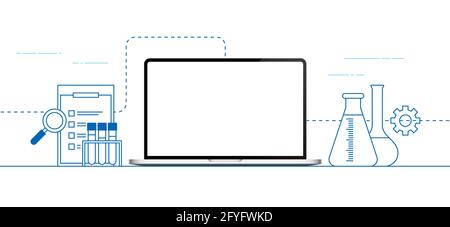 Scientific banner vector design with laptop and laboratory gear. Stock Vector