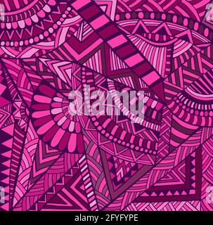 Colorful geometric abstract doodle background. Decorative intricate ethnic stylish card bright in crimson pink shades colors pattern. Stock Vector