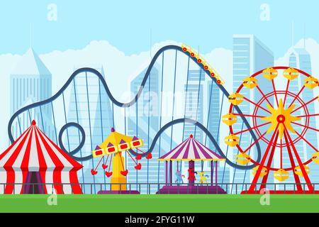 Amusement park with circus carousels roller coaster and attractions entertainment in city. Fun fair and carnival theme landscape. Ferris wheel and merry-go-round festival vector illustration banner Stock Vector