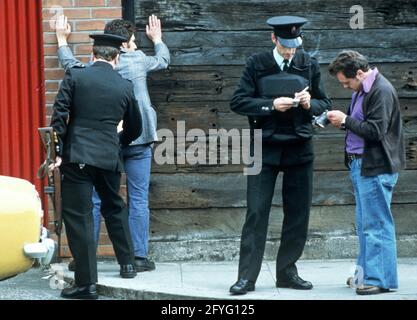 BELFAST, UNITED KINGDOM - SEPTEMBER 1978. RUC, Royal Ulster Constabulary, Policeman on Patrol in Belfast during The Troubles, Northern Ireland, 1970s Stock Photo