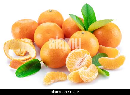 Ripe orange tangerine fruits and green citrus leaves isolated on white background. Stock Photo