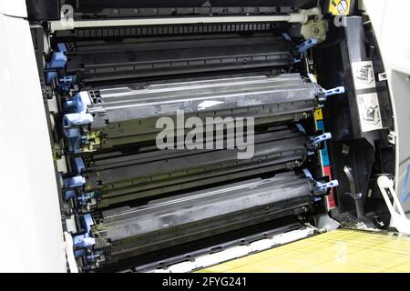 A laser printer toner cartridge 4 color On the back of the printer Stock Photo