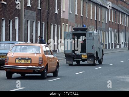 BELFAST, UNITED KINGDOM - SEPTEMBER 1978. RUC, Royal Ulster Constabulary, Policeman on Patrol in Belfast during The Troubles, Northern Ireland, 1970s Stock Photo