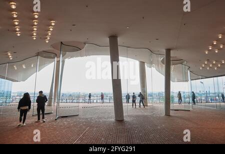 Hamburg, Germany. 28th May, 2021. Visitors strolling on the Elbphilharmonie Plaza. The Elbphilharmonie Plaza was reopened after a break due to Corona. Credit: Georg Wendt/dpa/Alamy Live News Stock Photo