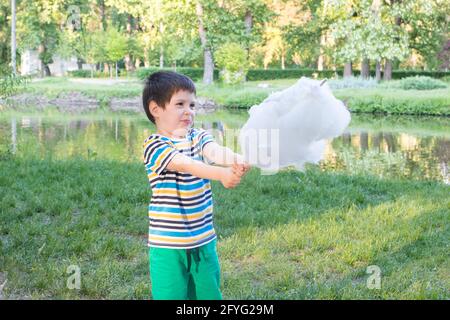 Child boy 4 years old in a striped T-shirt eats cotton candy on a stick in nature with place for text copy space. Happy childhood and children Stock Photo