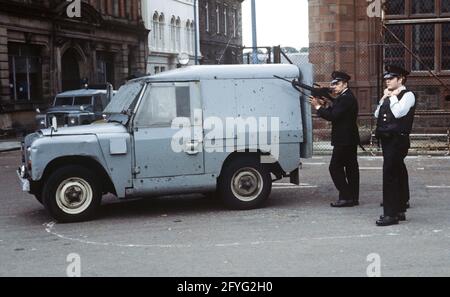 BELFAST, UNITED KINGDOM - SEPTEMBER 1978. RUC, Royal Ulster Constabulary, Policeman on Patrol in Belfast during The Troubles, Northern Ireland, 1970s Stock Photo