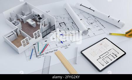 3D rendering of a apartment architectural model with blueprints, elevation , drawing , floor plan ,interior design plan  other documents Stock Photo