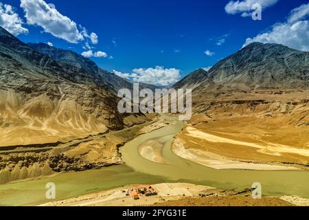 Scenic view of Confluence of Zanskar and Indus , two himalayan rivers - Leh, United territory of Ladakh, India. Tourist spot in Ladakh. Stock Photo