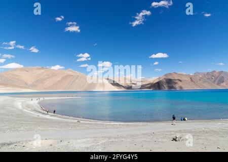 Mountains and Pangong tso (Lake). It is huge lake in united territory of Ladakh, India, at India China border extends Tibet. Stock Photo