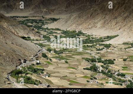 Aerial view of ladakh landscape, from top of Changla pass, green valley field of agriculture , leh, ladakh, India Stock Photo