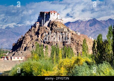 Stakna monastery with view of Himalayan mountians - it is a famous Buddhist temple in,Leh, Ladakh, Jammu and Kashmir, India. Stock Photo