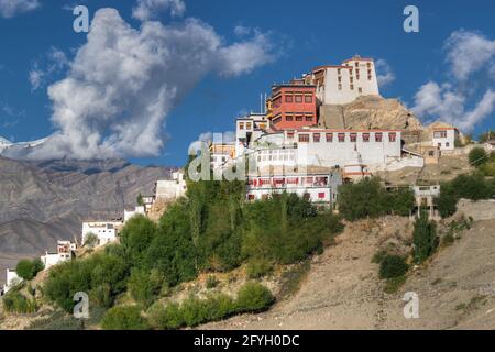 Thiksay monastery with view of Himalayan mountians and blue sky in background,Ladakh,Jammu and Kashmir, India Stock Photo