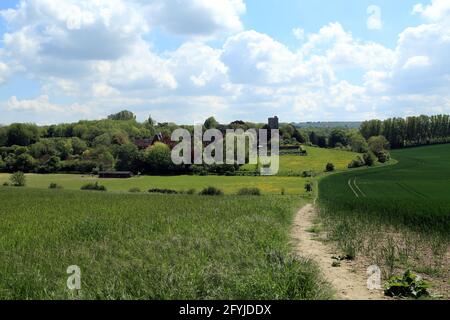 View across fields to St Peter and St Paul church, Boughton, Boughton under Blean, Faversham, Kent, England, United Kingdom Stock Photo