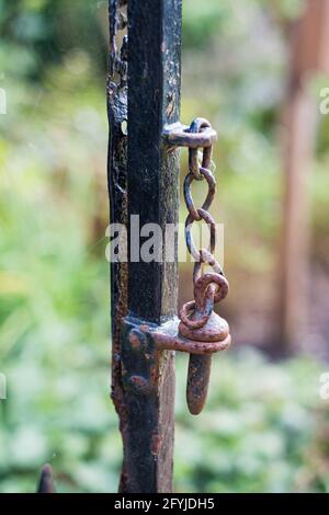An old cast iron black, rusty post with a thick peg at the end of chain Stock Photo