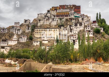 Thiksay monastery with view of Himalayan mountians - it is a famous Buddhist temple in,Leh, Ladakh, Jammu and Kashmir, India. Stock Photo