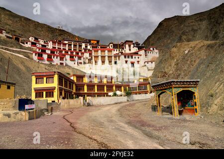 Rizong monastery with view of Himalayan mountians - it is a famous Buddhist temple in,Leh, Ladakh, Jammu and Kashmir, India. Stock Photo