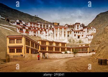 Rizong monastery with view of Himalayan mountians - it is a famous Buddhist temple in,Leh, Ladakh, Jammu and Kashmir, India. Stock Photo