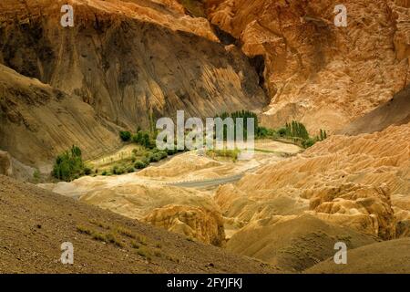 Colourful rocks and stones - formation like moon surface on earth , place called moonland, mountains , ladakh landscape Leh, Jammu Kashmir, India. Stock Photo