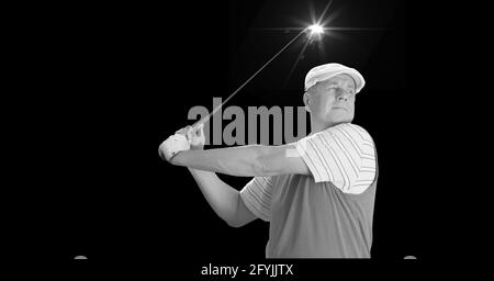 Composition of caucasian male golf player with golf club and copy space in black and white Stock Photo