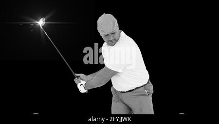 Composition of caucasian male golf player with golf club and copy space in black and white Stock Photo