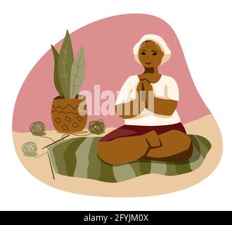 Elderly dark plus size woman home workout in yoga lotus position. Self care meditation in home with knitting hobby near. Spiritual discipline at home on knitted rug. Cute old lady with her hobby and plant vector illustration Stock Vector