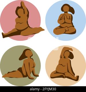 Plus size woman poses vector illustration set. Cartoon cute fat female  character collection with large curvy lady posing, doing sport or yoga  exercises and skating, eating big cake isolated on white Stock