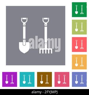 Shovel and rake flat icons on simple color square backgrounds Stock Vector