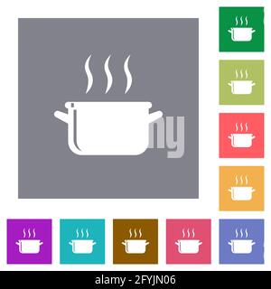 Steaming glossy pot flat icons on simple color square backgrounds Stock Vector