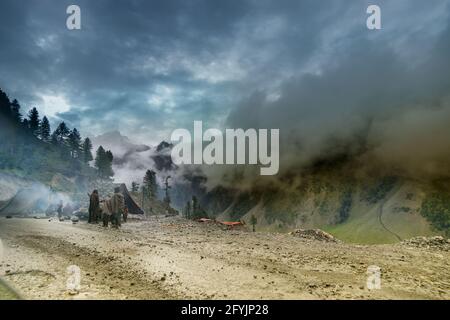 storm clouds over mountains of ladakh, Himalayan mountains - green valley sccenary, Jammu and Kashmir, India Stock Photo