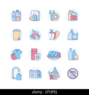 Waste sorting - modern line design style icons set. Eco lifestyle, recycling idea. Plastic, paper, metal, tin, glass, cardboard, organic, e-waste, tex Stock Vector