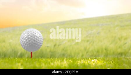 Composition of golf ball in grass on red tee and copy space Stock Photo