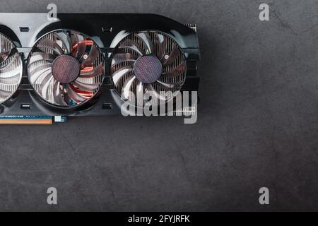 Game video card Cooler blades Selective close-up focus. Progressive cooling system for the video chip, processor and memory. Computer Details Stock Photo