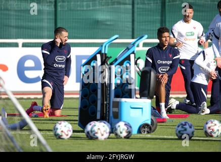 Karim Benzema, Raphael Varane of France during the training session of the French team in preparation of the UEFA Euro 2020, on May 27, 2021 at CNF Clairefontaine in Clairefontaine-en-Yvelines, France - Photo Jean Catuffe / DPPI Stock Photo