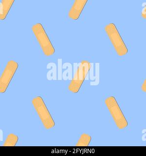 Seamless pattern with sticking plasters. Medical patch repeat texture. On blue background. Stock Vector