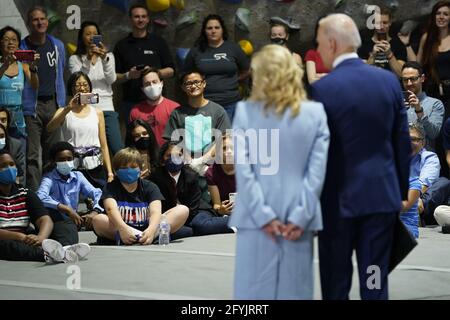 Alexandria, United States. 28th May, 2021. President Joe Biden and first lady Jill Biden visit the Sportrock Climbing Center to recognize the progress Virginia has made in the fight against COVID-19, in Alexandria, Virginia on Friday, May 28, 2021. Photo by Chris Kleponis/UPI Credit: UPI/Alamy Live News Stock Photo