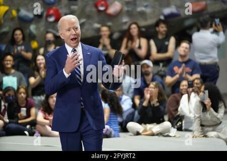 Alexandria, United States. 28th May, 2021. President Joe Biden delivers remarks at the Sportrock Climbing Center to recognize the progress Virginia has made in the fight against COVID-19, in Alexandria, Virginia on Friday, May 28, 2021. Photo by Chris Kleponis/UPI Credit: UPI/Alamy Live News Stock Photo