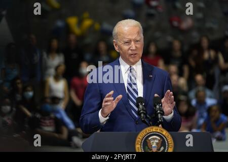 Alexandria, United States. 28th May, 2021. President Joe Biden delivers remarks at the Sportrock Climbing Center to recognize the progress Virginia has made in the fight against COVID-19, in Alexandria, Virginia on Friday, May 28, 2021. Photo by Chris Kleponis/UPI Credit: UPI/Alamy Live News Stock Photo