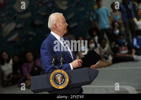 Alexandria, United States Of America. 28th May, 2021. United States President Joe Biden concludes his remarks at Sportrock Climbing Center in Alexandria, Virginia to celebrate the significant progress Virginia has made in the fight against COVID-19, in partnership with the Biden-Harris Administration on Friday, May 28, 2021. Credit: Chris Kleponis/Pool/Sipa USA Credit: Sipa USA/Alamy Live News Stock Photo