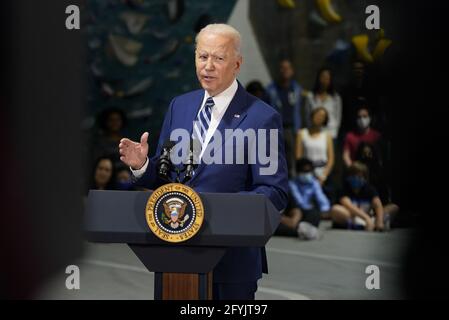 Alexandria, United States Of America. 28th May, 2021. United States President Joe Biden delivers remarks at Sportrock Climbing Center in Alexandria, Virginia to celebrate the significant progress Virginia has made in the fight against COVID-19, in partnership with the Biden-Harris Administration on Friday, May 28, 2021. Credit: Chris Kleponis/Pool/Sipa USA Credit: Sipa USA/Alamy Live News Stock Photo