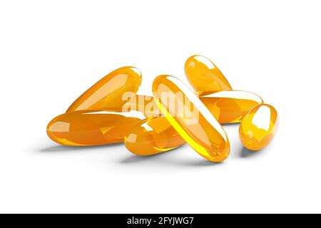 Heap of omega 3 fish oil capsules over white background, 3D illustration Stock Photo