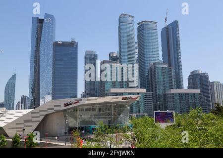 Buildings in downtown Toronto in Ontario, Canada. Ripley's Aquarium of Canada stands in the foreground. Stock Photo