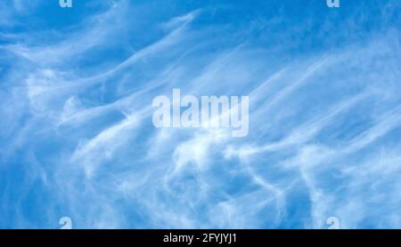 High level white wispy cirrus clouds distorted and stretched by high level winds shot against a blue sky. Stock Photo