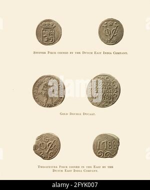 Coins coined by the Dutch east India company in the Cape Colony From the Book  ' Old Cape Colony; a chronicle of her men and houses from 1652-1806 ' by Trotter, Alys Fane (Keatinge), Mrs Publication date 1903 published by Westminster : A. Constable & co., ltd. Stock Photo